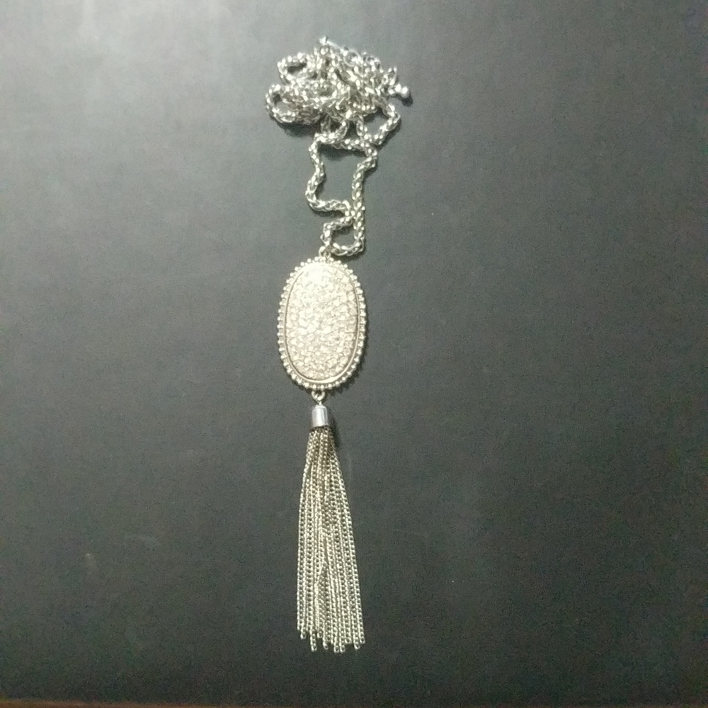 Silver Tone Oval Rhinestone Chain Fringe Dangle Statement Necklace